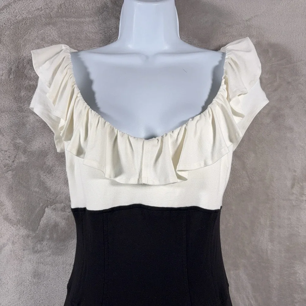 CACHE Dress Womens Size 6 White Black Colorblock‎ Ruffle Sheath Cocktail